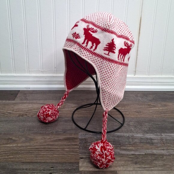 Abercrombie & Fitch Earflap Beanie Sz O/S Moose Wool Blend Pom Pom Fair Isle - Picture 2 of 15